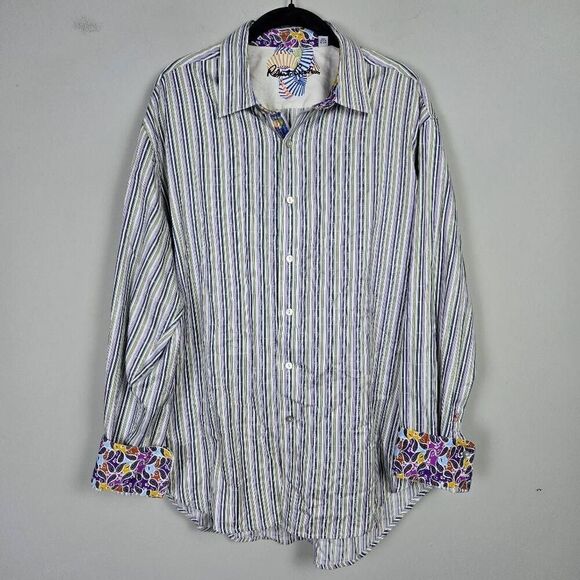 Robert Graham Mens Button Up Shirt Sz XL Purple Striped Flip Cuff Preppy Career - Picture 1 of 8